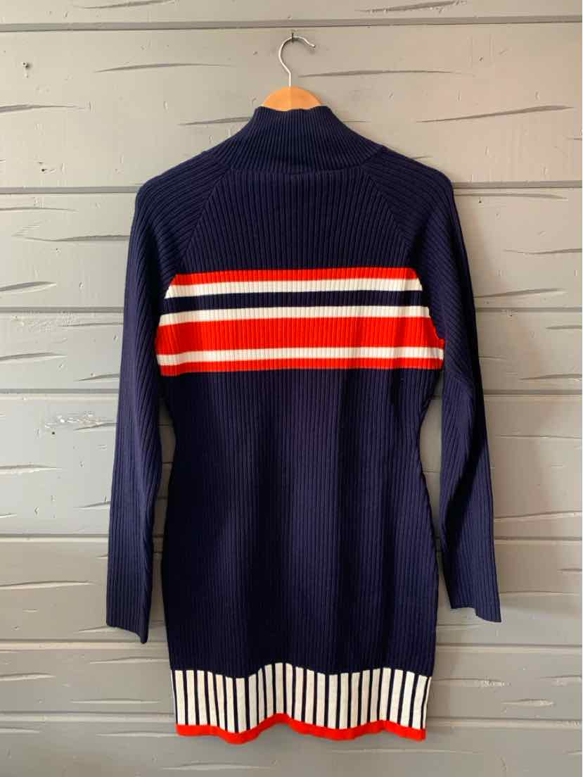 Navy blue long-sleeve knit dress with red, white, and orange horizontal stripes across the chest and a white ribbed hem with