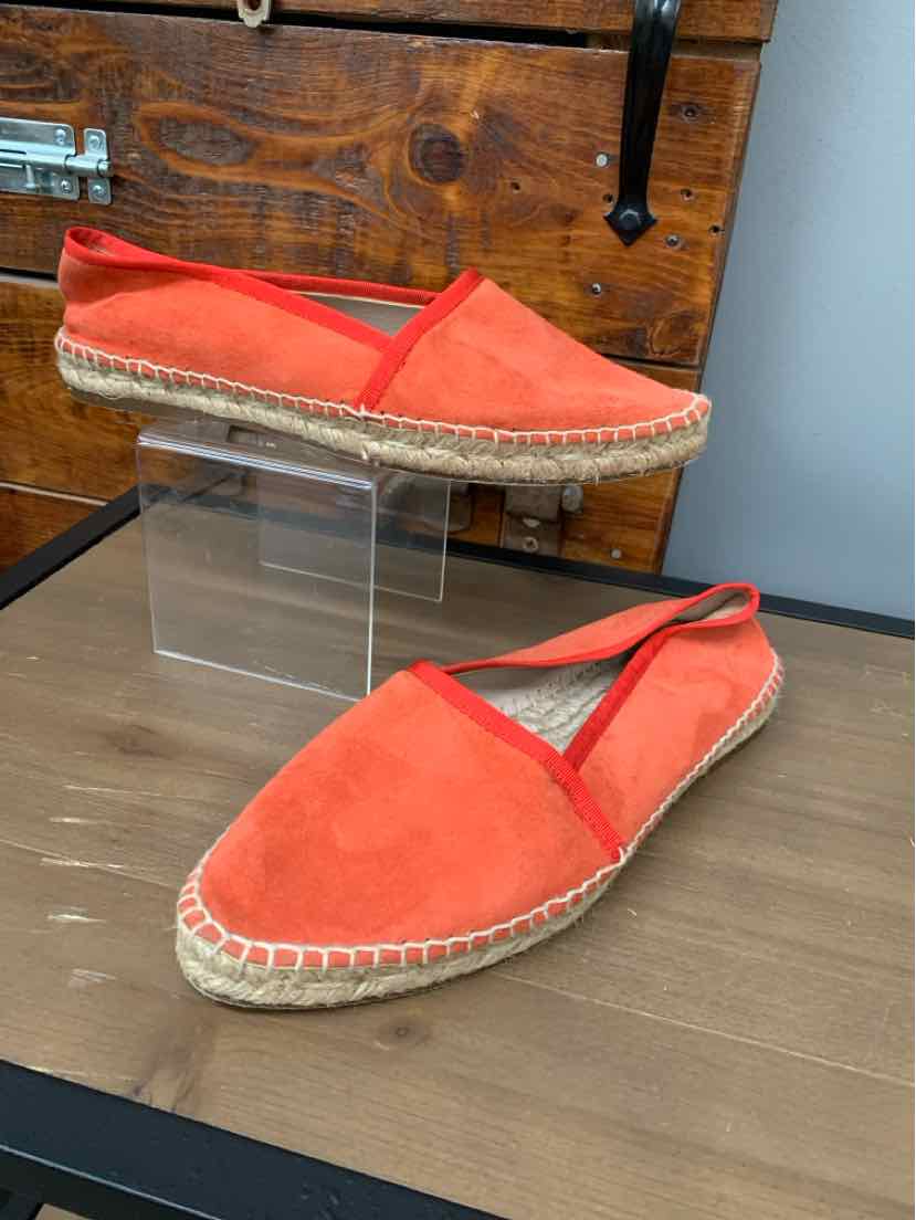 Orange suede espadrille flats with rope sole and slip-on design, size 9.