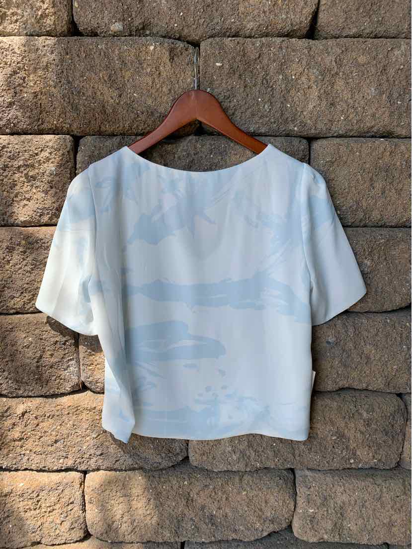 Light blue floral blouse with short sleeves and wide neckline on wooden hanger.
