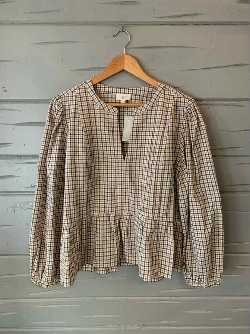 Beige and white plaid long-sleeve blouse with peplum hem and keyhole neckline, size XL.