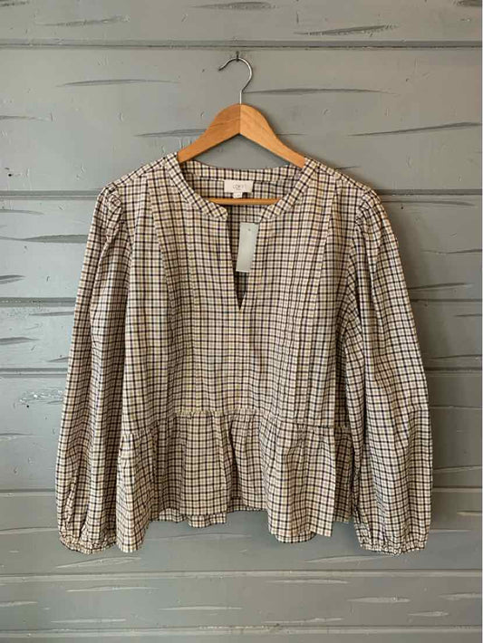 Beige and white plaid long-sleeve blouse with peplum hem and keyhole neckline, size XL.