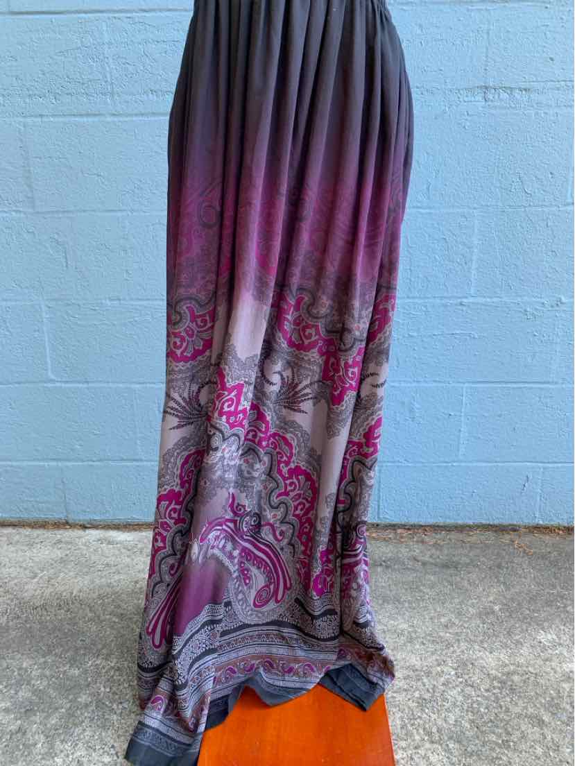 Long flowy skirt in purple and gray with intricate paisley and floral patterns.