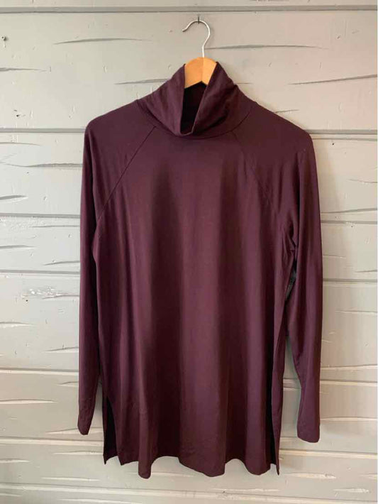 Long-sleeve burgundy turtleneck top with a smooth, lightweight fabric and relaxed fit.