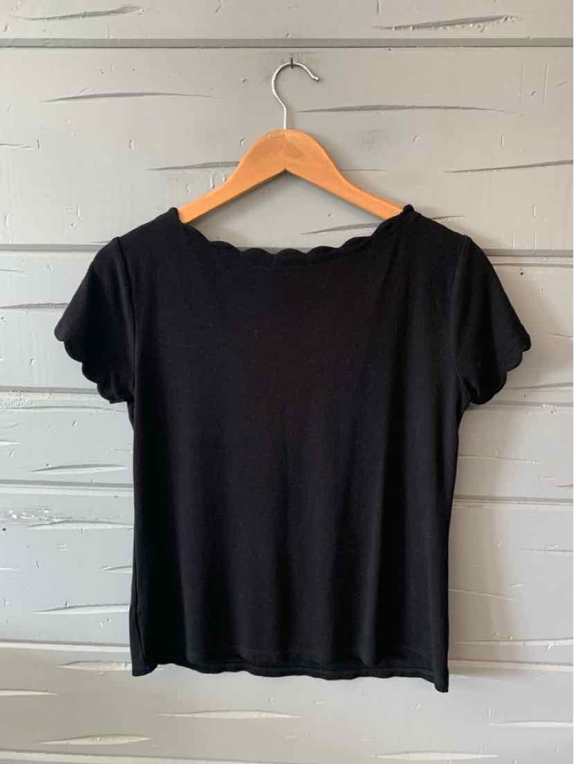 Black short-sleeve knit top with scalloped edges on neckline and sleeves, medium size.