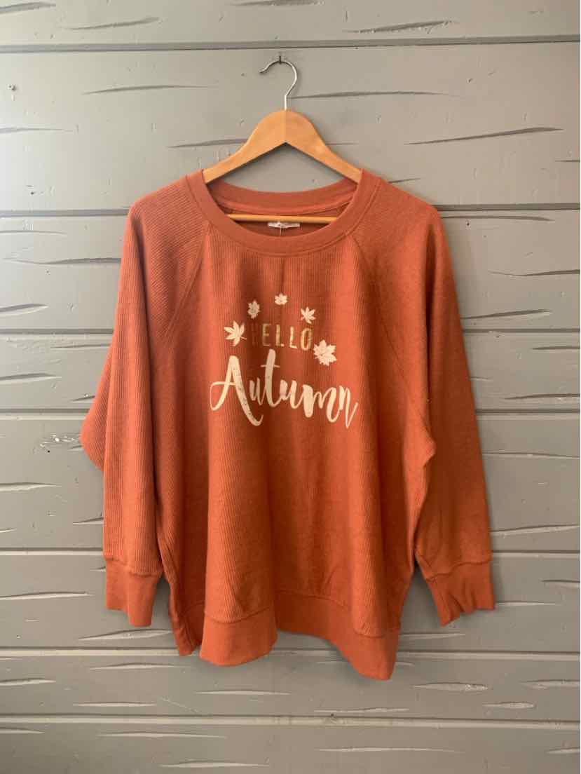 Rust-colored long sleeve sweatshirt with "Hello Autumn" text and fall leaf designs in white.