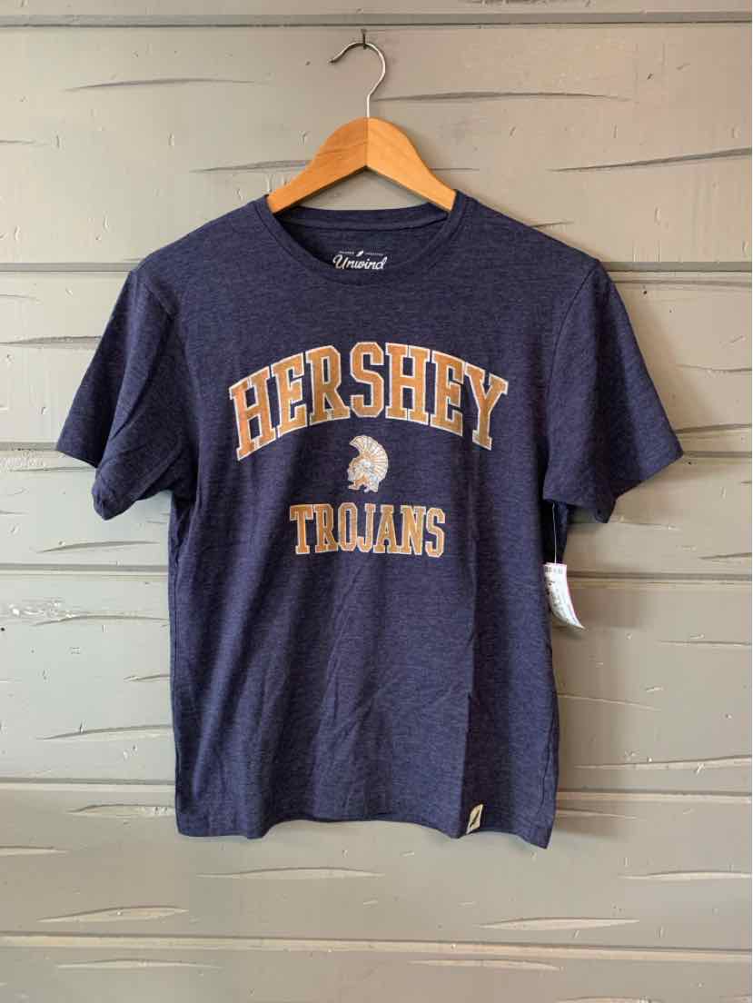Navy blue short-sleeve cotton t-shirt with yellow "HERSHEY TROJANS" text and mascot graphic on front.