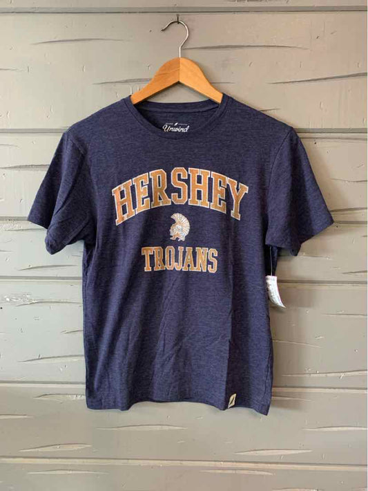 Navy blue short-sleeve cotton t-shirt with yellow "HERSHEY TROJANS" text and mascot graphic on front.