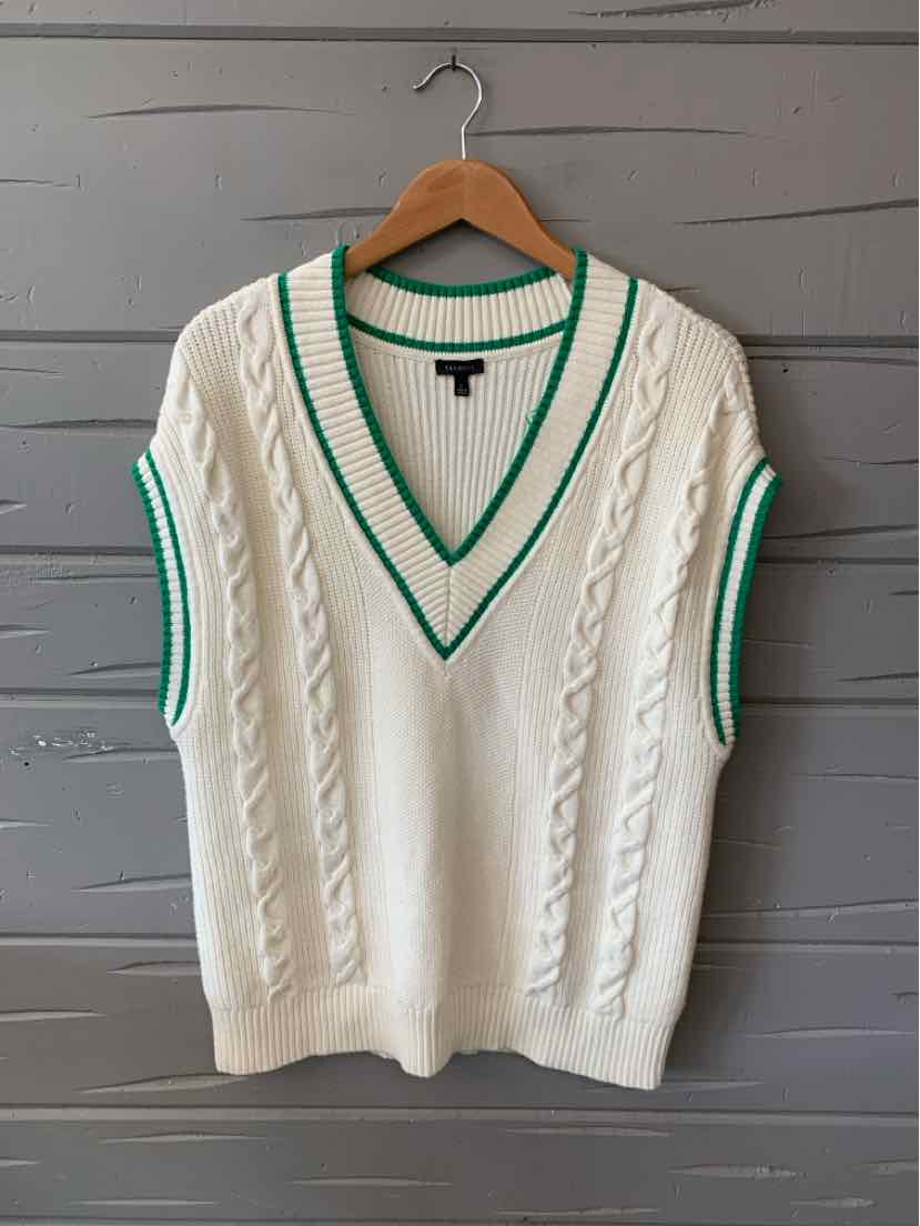 White cable knit sleeveless sweater with deep V-neck and green striped trim on neck and armholes.