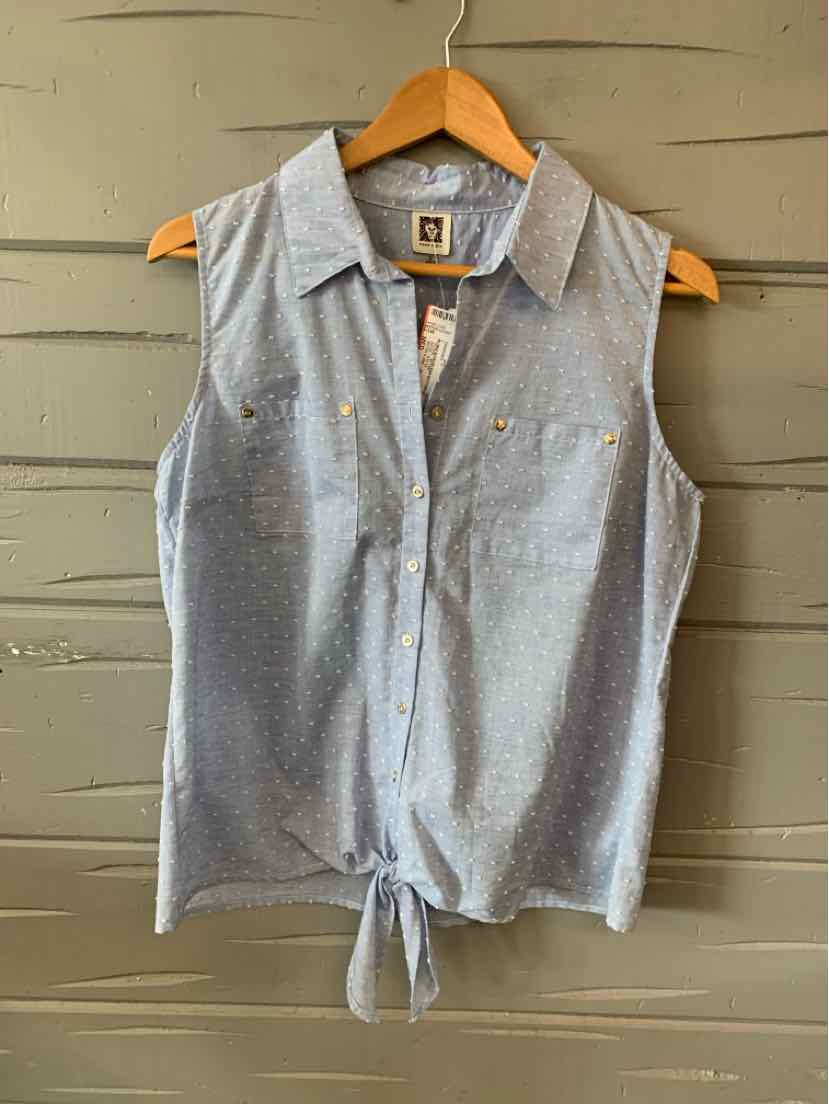 Light blue sleeveless button-up blouse with collared neckline and front tie hem.