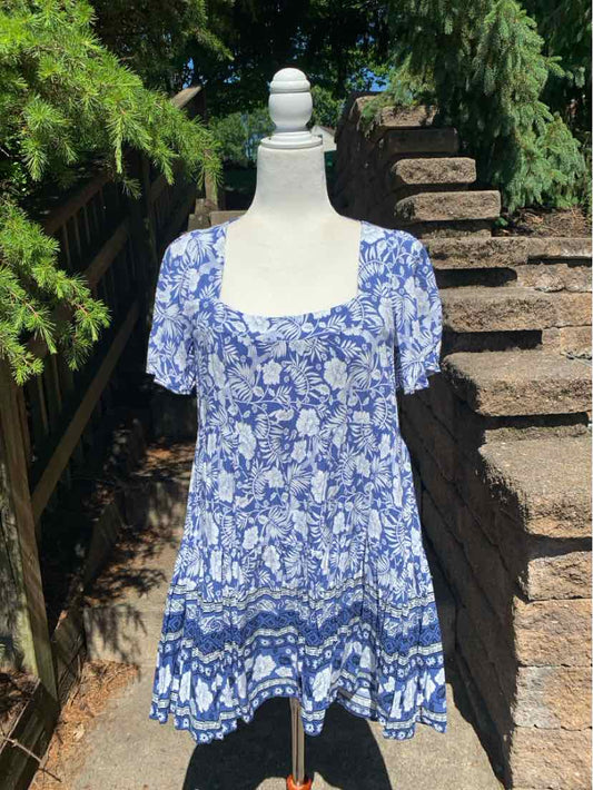 Blue and white floral print dress with short puff sleeves and square neckline.