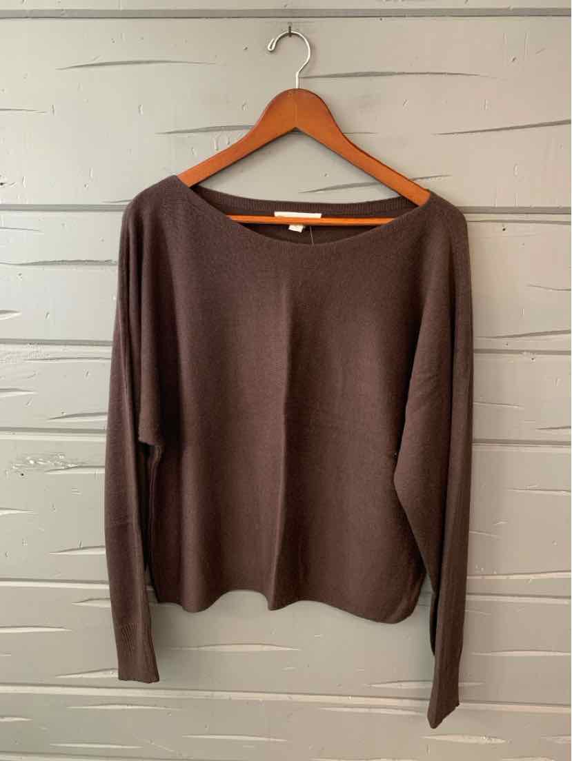 Brown long-sleeve knit sweater with a wide boat neckline and relaxed, draped fit.