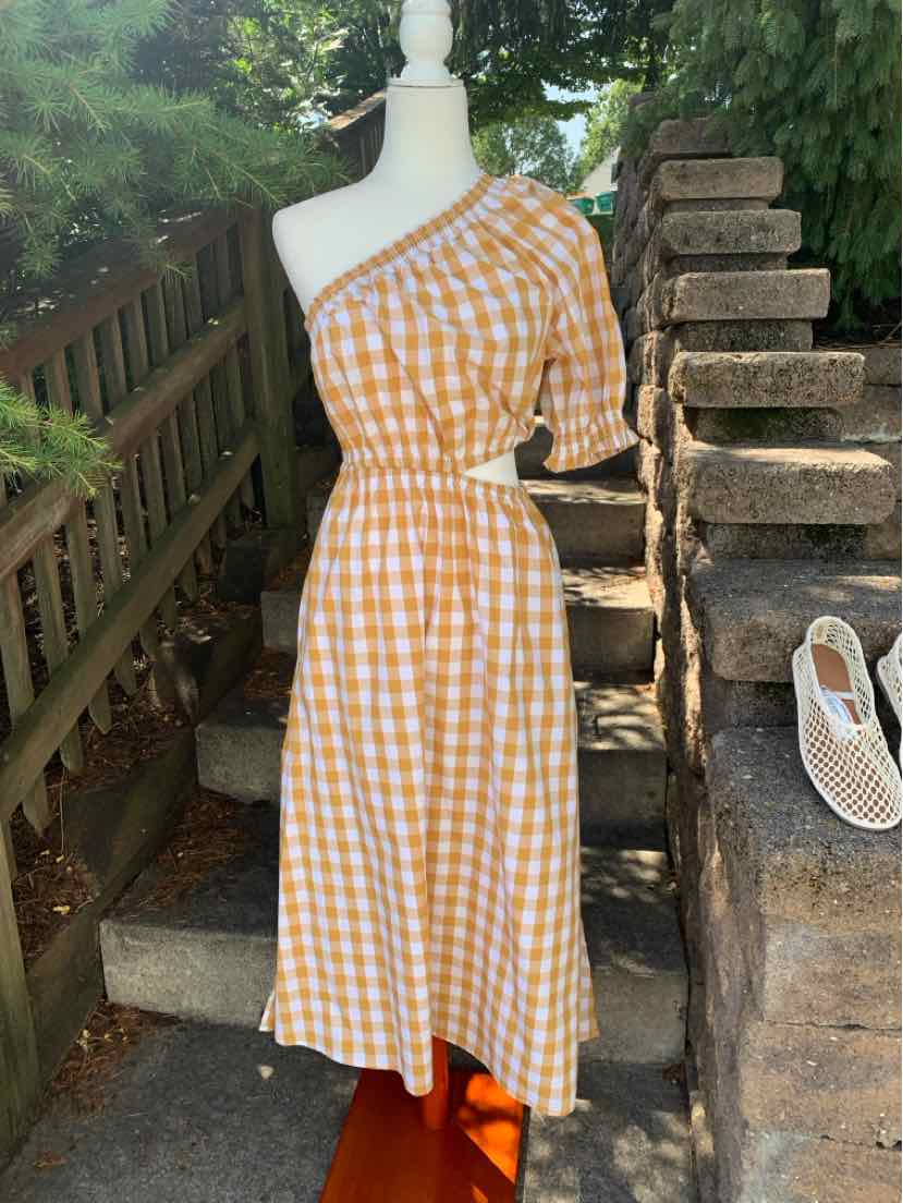 Tan and white gingham one-shoulder midi dress with puff sleeve and cinched waist in size XS.