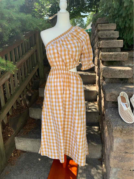 Tan and white gingham one-shoulder midi dress with puff sleeve and cinched waist in size XS.