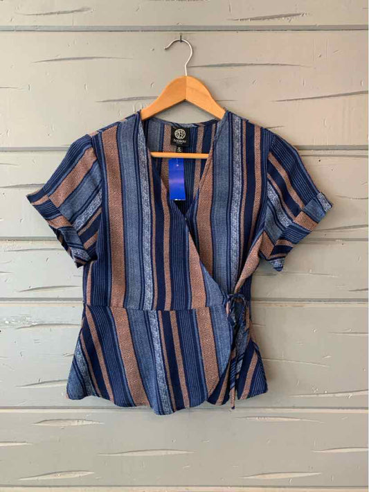 Blue and beige striped wrap blouse with short sleeves and V-neck on wooden hanger.