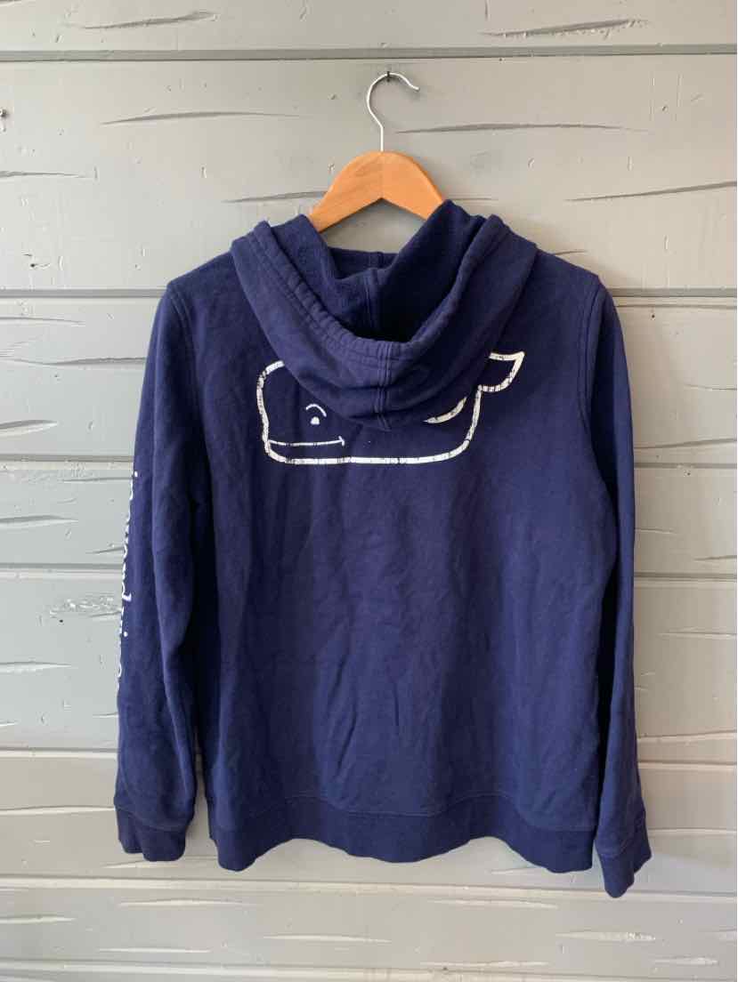 Navy blue hoodie with white Vineyard Vines whale logo embroidered on the back, medium size.