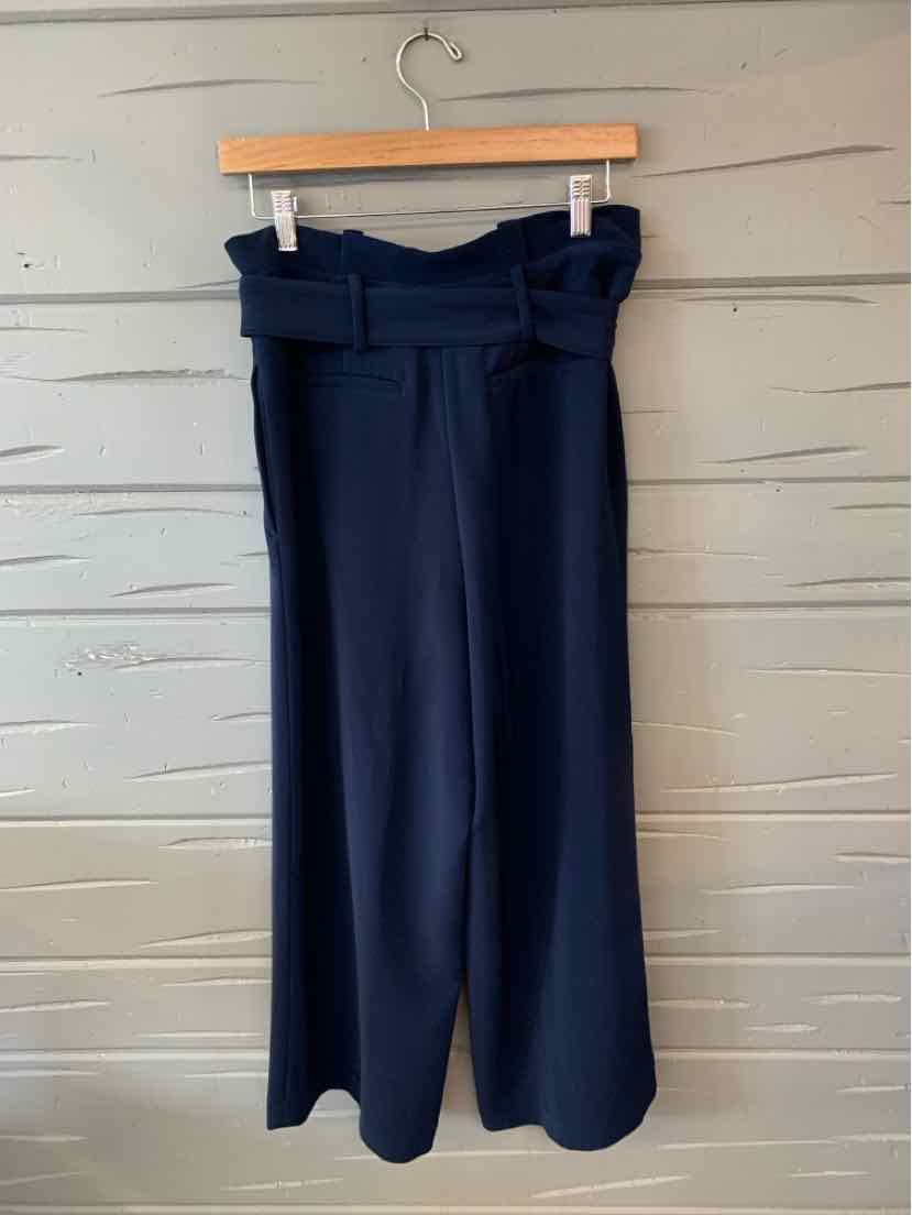 Navy blue wide-leg trousers with high waist and matching fabric belt hanging on wooden hanger.