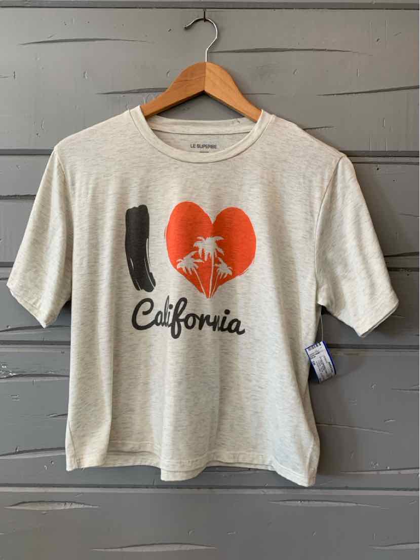 Heather gray short-sleeve T-shirt with a red heart, palm tree, and black “California” lettering.
