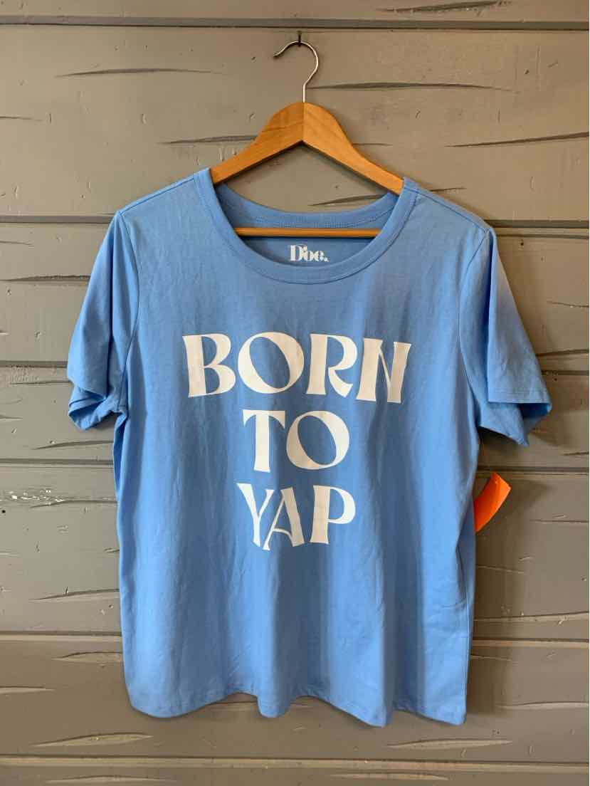 Light blue short-sleeve cotton T-shirt with white bold "BORN TO YAP" text on front, size XXL.