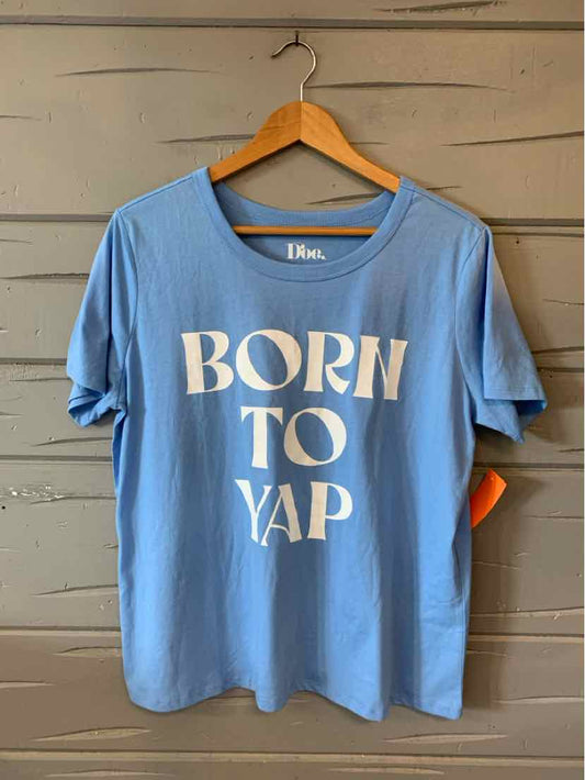 Light blue short-sleeve cotton T-shirt with white bold "BORN TO YAP" text on front, size XXL.