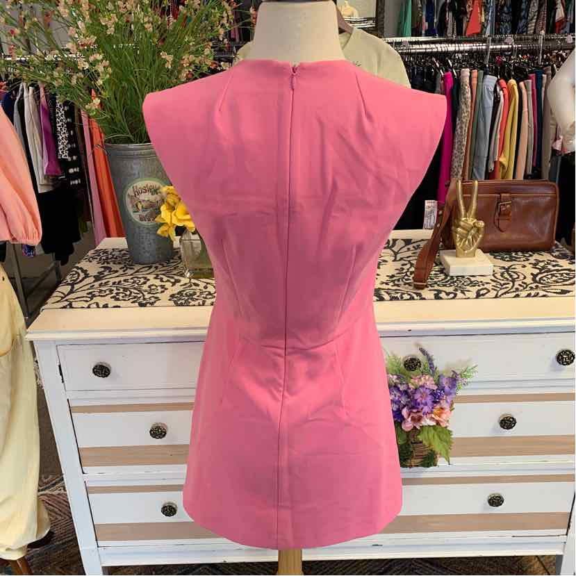 Sleeveless pink structured dress with square neckline and back seam detailing.