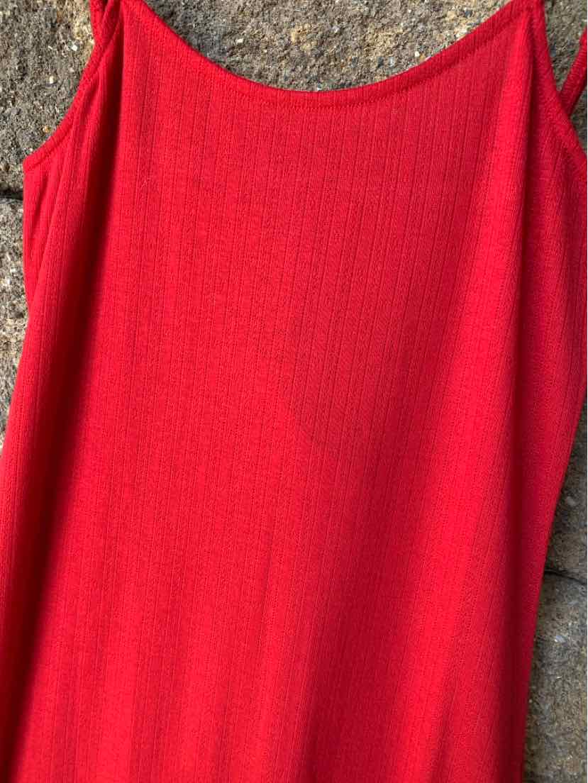 Red ribbed knit tank top with thin straps and scoop neckline in small size.