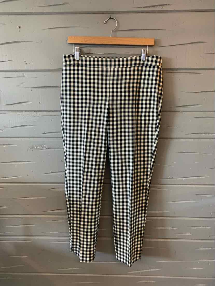Black and white gingham slim-fit pants with flat front and side pockets, size 8.