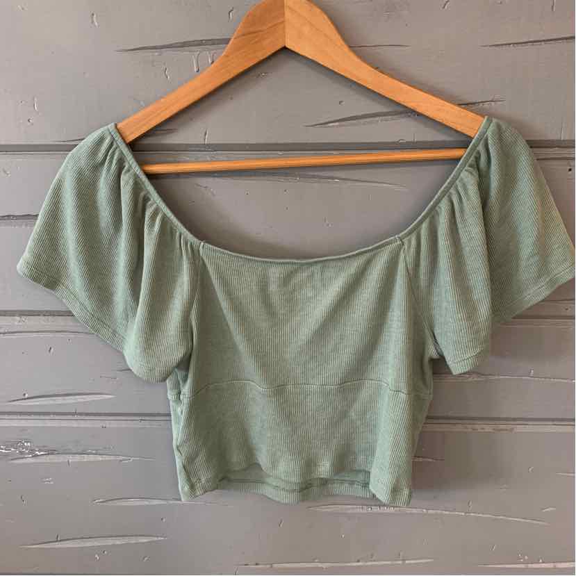 Sage green short-sleeve crop top with scoop neckline on wooden hanger.