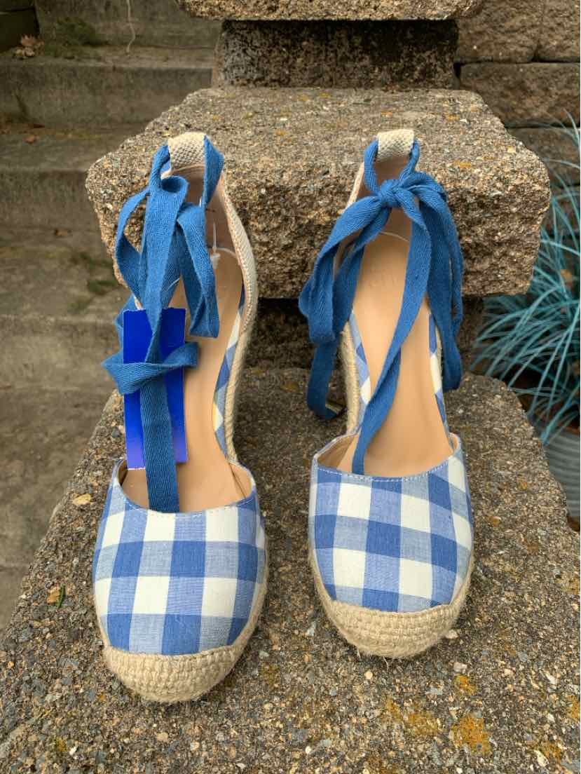 Blue and white gingham espadrille wedge shoes with ankle tie straps, size 6.5.