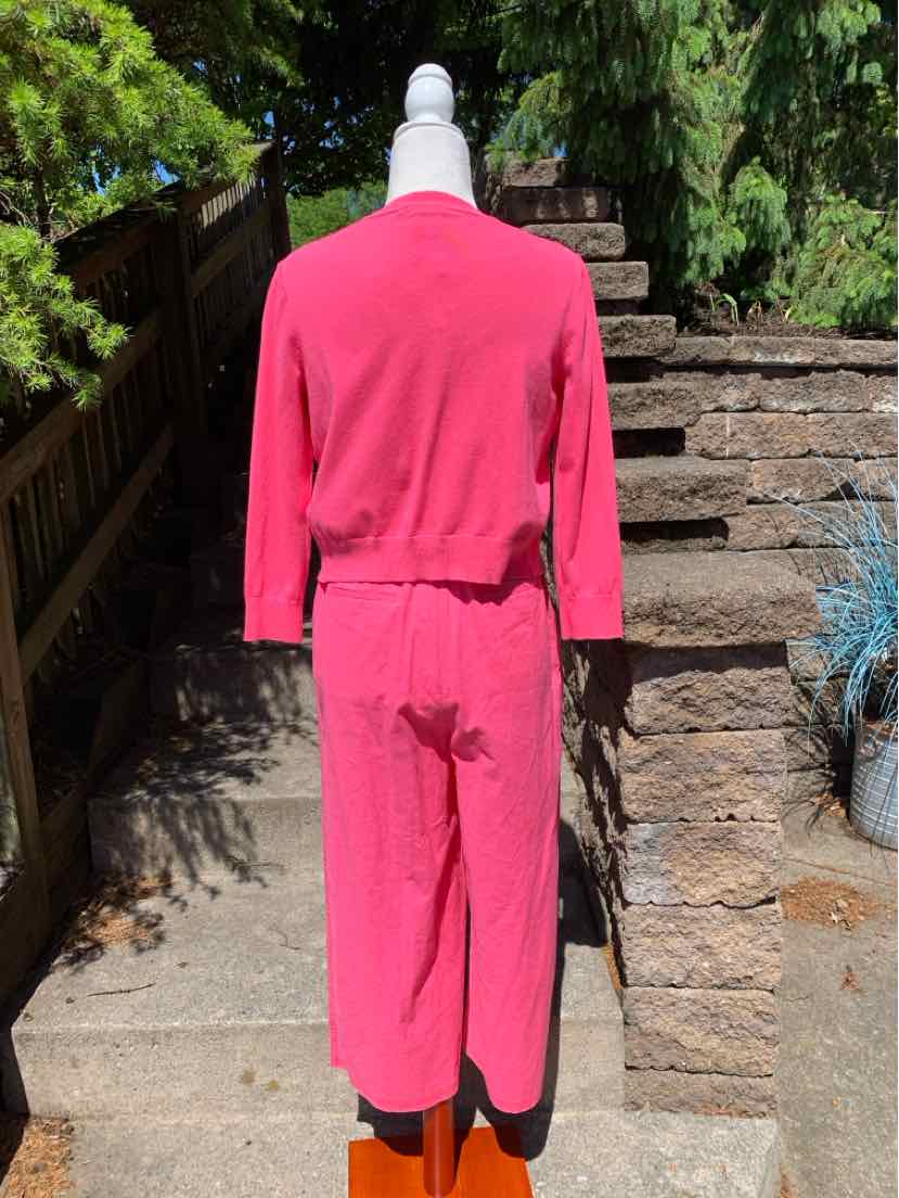 Pink two-piece set with long-sleeve top and high-waist pants on mannequin outdoors.
