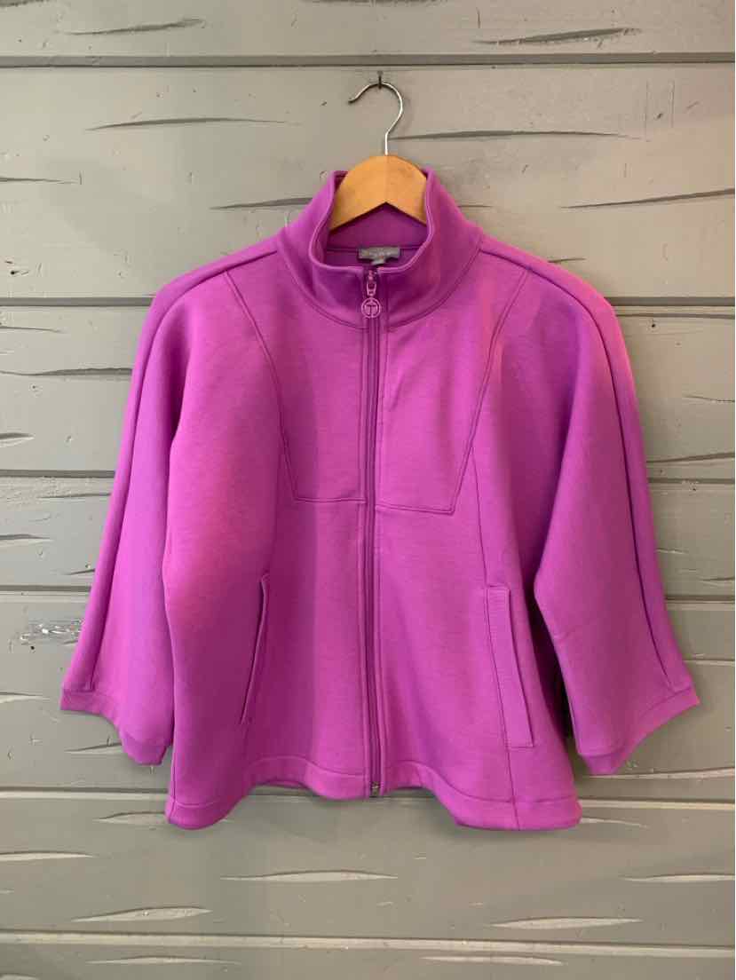 Purple fleece jacket with full zipper, high collar, and 3/4 bell sleeves.