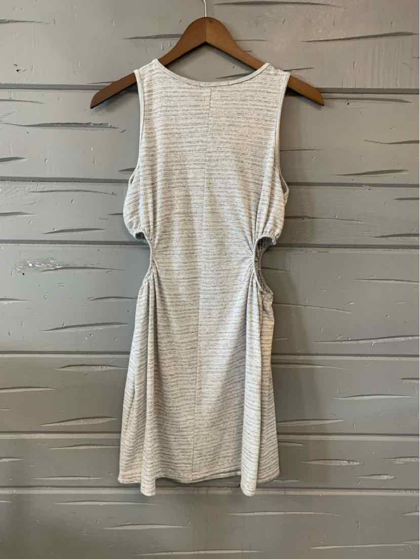 Gray sleeveless midi dress with thin horizontal stripes and cinched sides on wooden hanger.