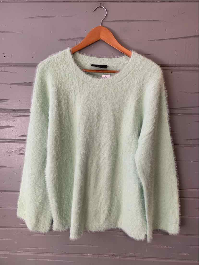 Light green fuzzy long-sleeve sweater with crew neckline on wooden hanger.