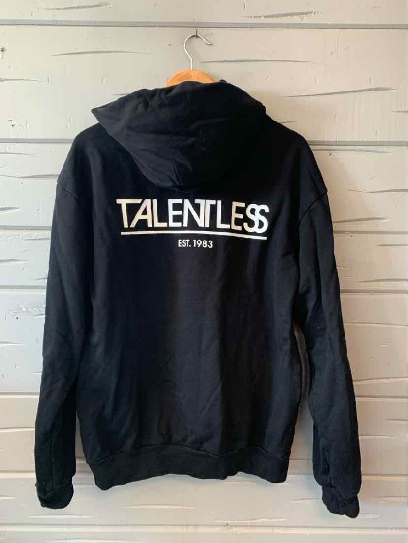 Black hoodie with "TALENTLESS EST. 1993" white logo printed across the upper back, large size, long sleeves, front pouch.