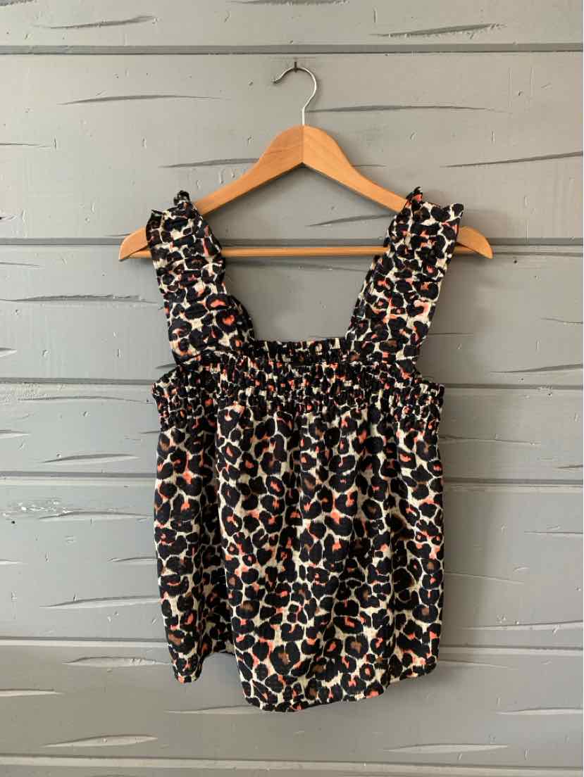 Leopard print sleeveless top with ruffled straps and square neckline in black, beige, and brown tones.