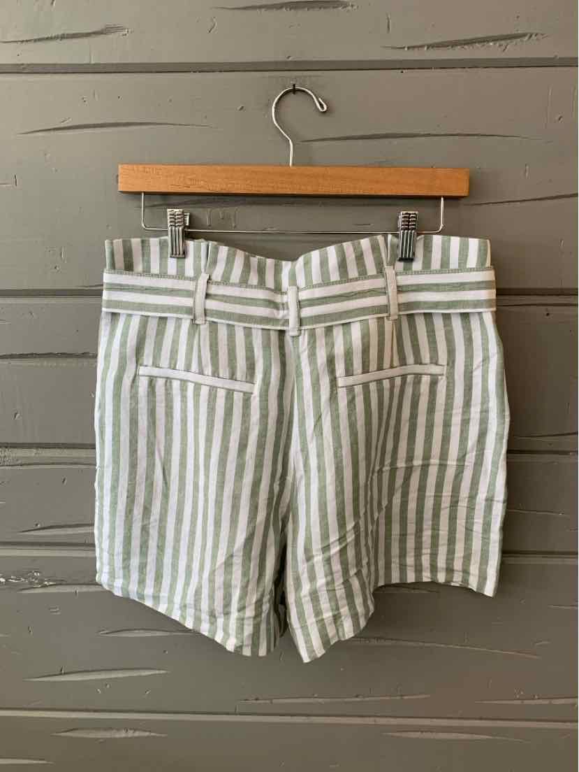 Green and white vertical striped high-waist shorts with belt loops and back pockets, size 6.