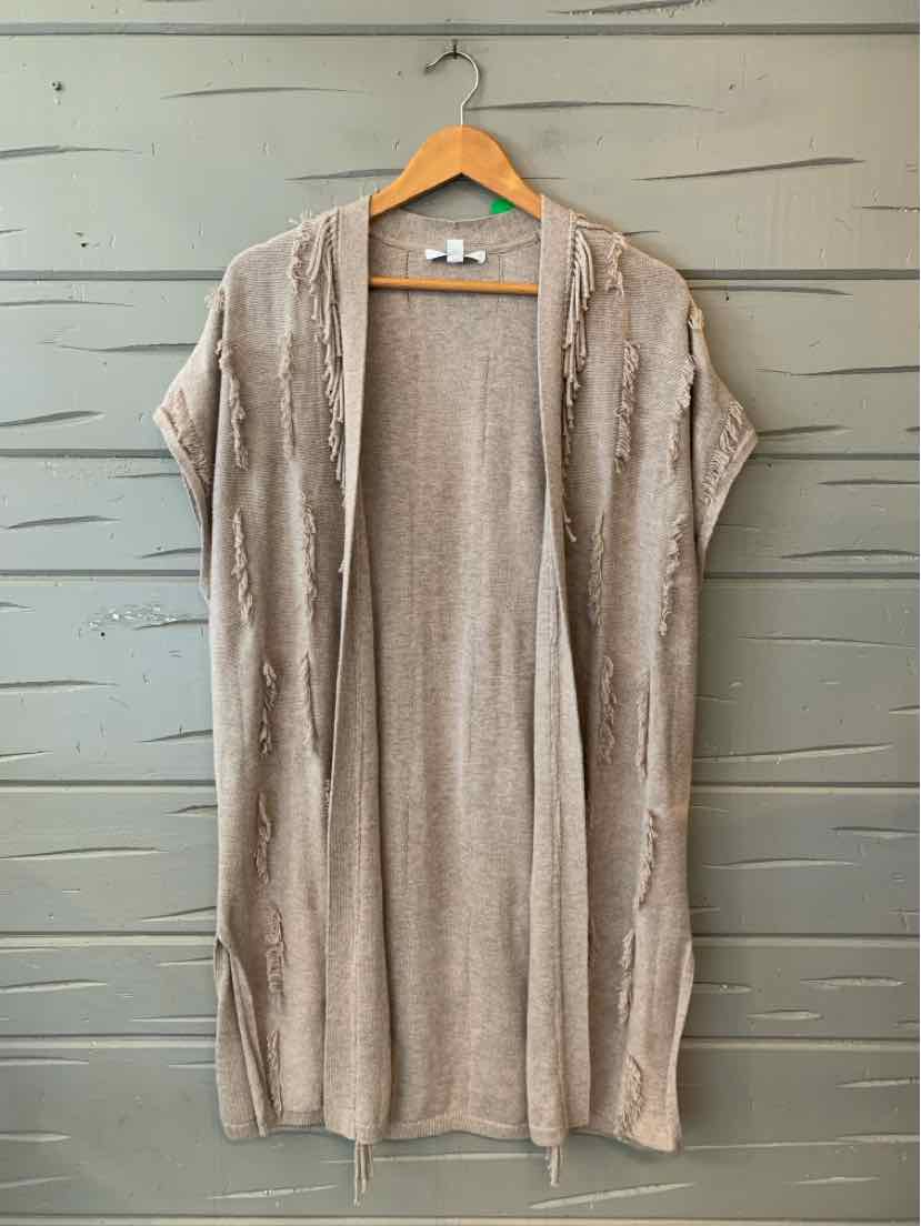 Light taupe open-front knit cardigan with short sleeves and relaxed fit hanging on wooden hanger.