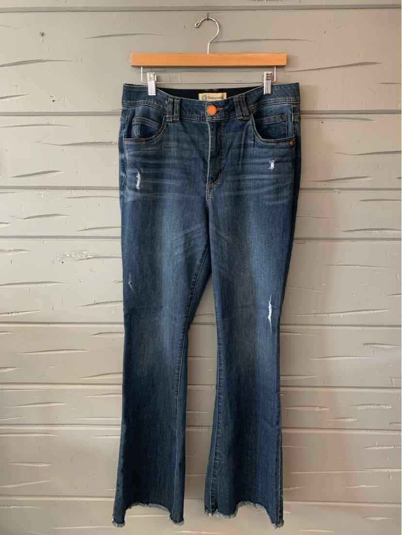 Women’s dark blue Democracy denim jeans with a straight-leg fit, hanging from a wooden hanger.