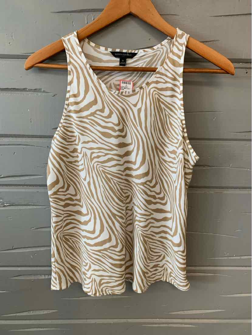 Tan and white striped sleeveless tank top in size small on wooden hanger.