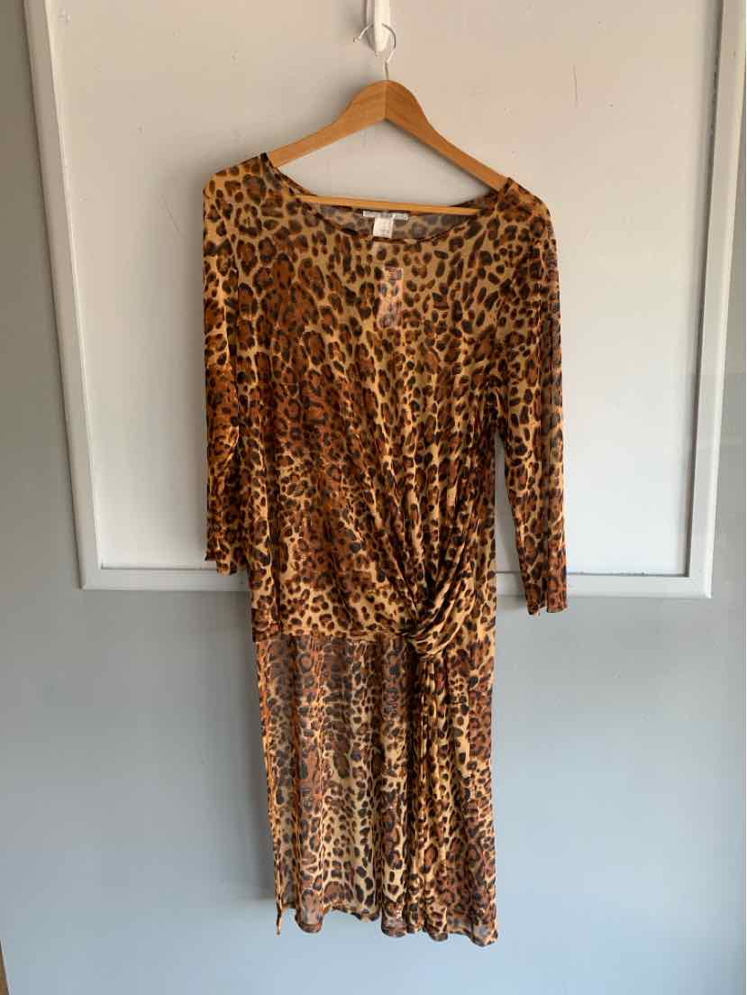 Brown leopard print dress with long sleeves, V-neck, and gathered knot detail at waist.