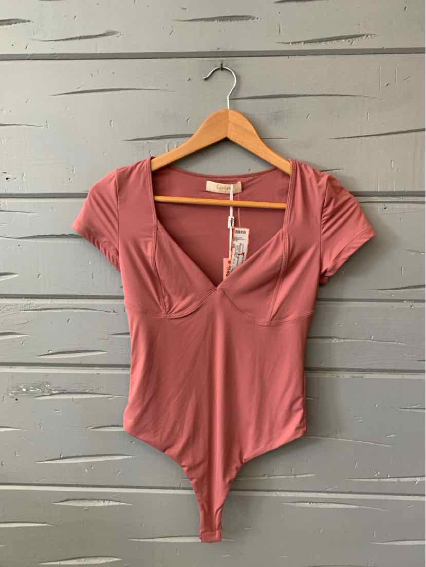 Mauve short-sleeve bodysuit with ruched sleeves and V-neck on wooden hanger.