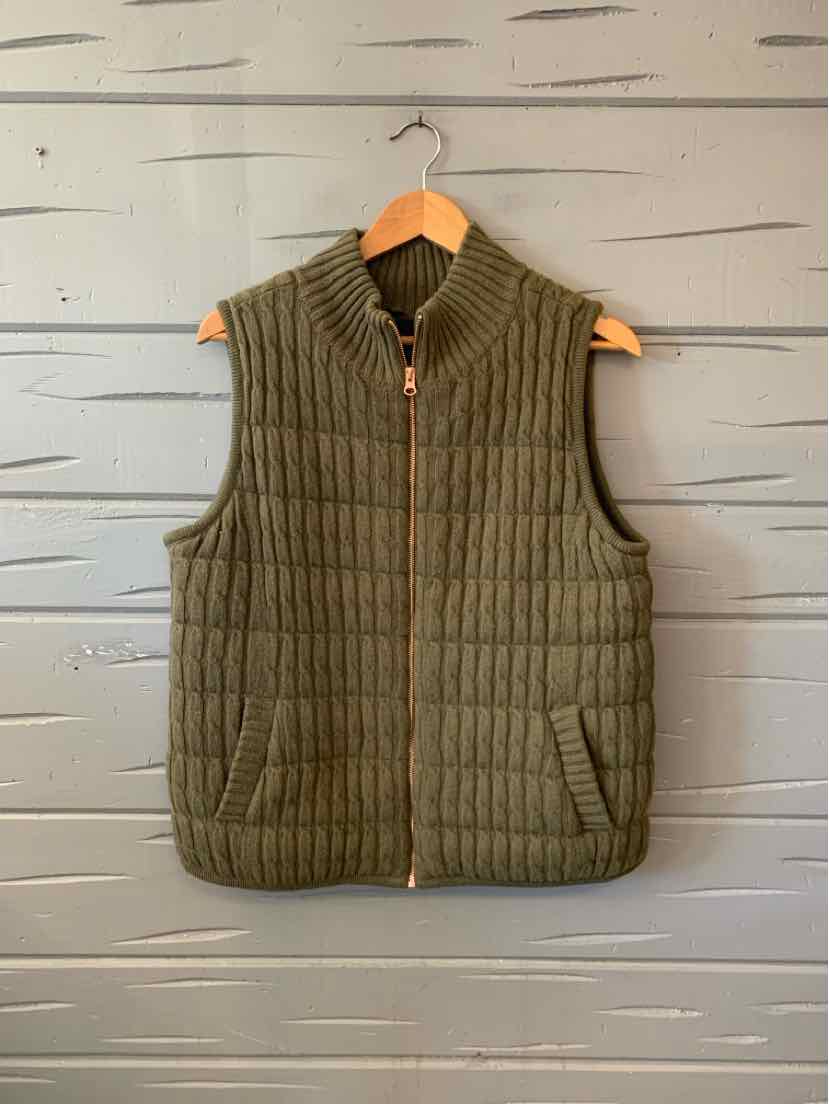 Olive green Talbots quilted vest with a ribbed collar, front zipper, and two pockets.