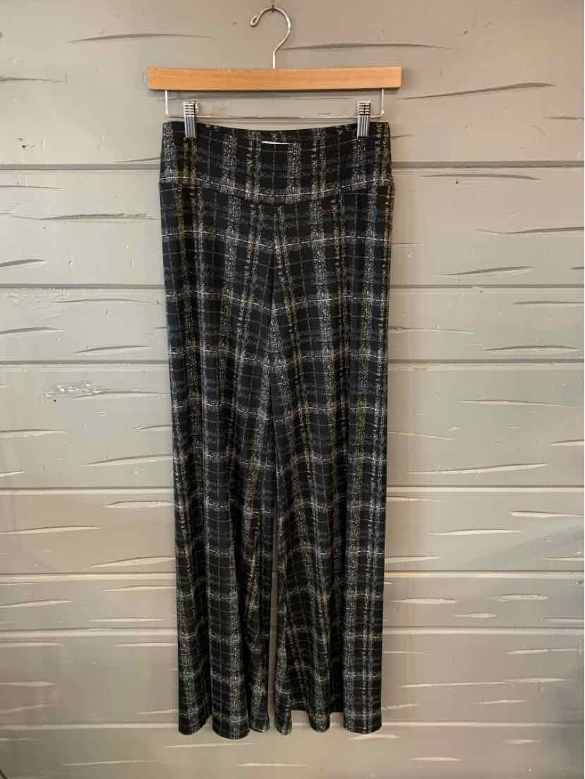 Black and gray plaid wide-leg pants with high waist, size small, hanging on wooden hanger.
