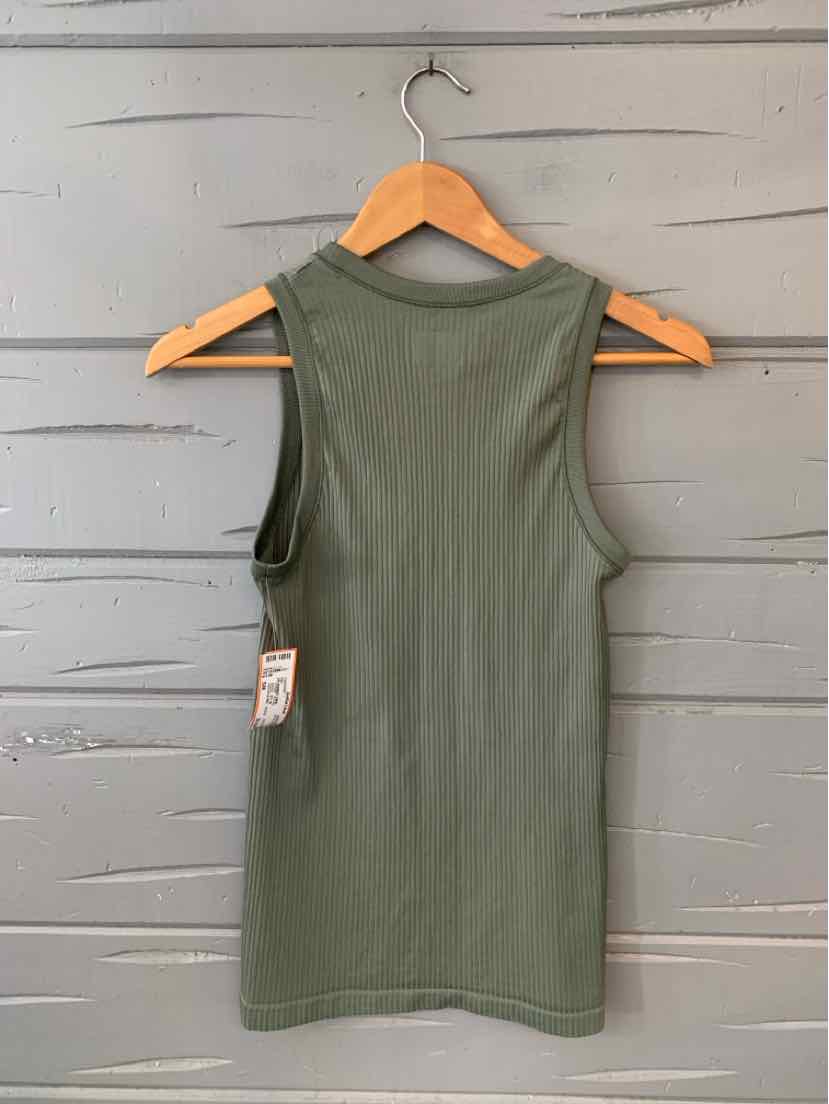Olive green ribbed sleeveless tank top with crew neck, slim fit, small size.