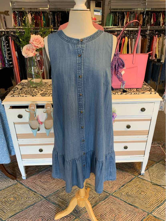 Sleeveless blue chambray midi dress with button front and ruffled hem on mannequin.