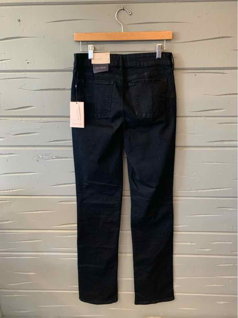 Black NYDJ jeans with a straight-leg cut, back pockets, and a hanging size tag.