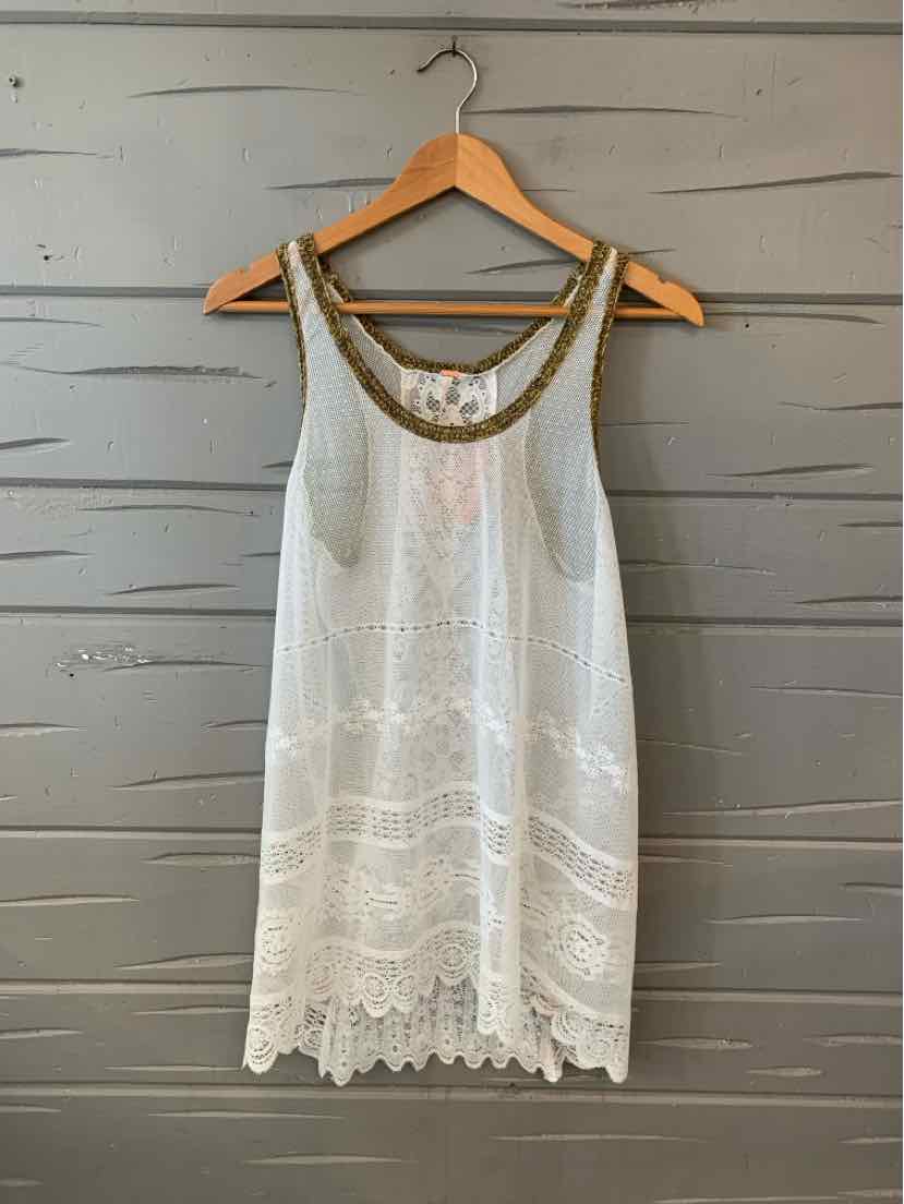 White sleeveless lace dress with scoop neckline and scalloped hem, medium size.