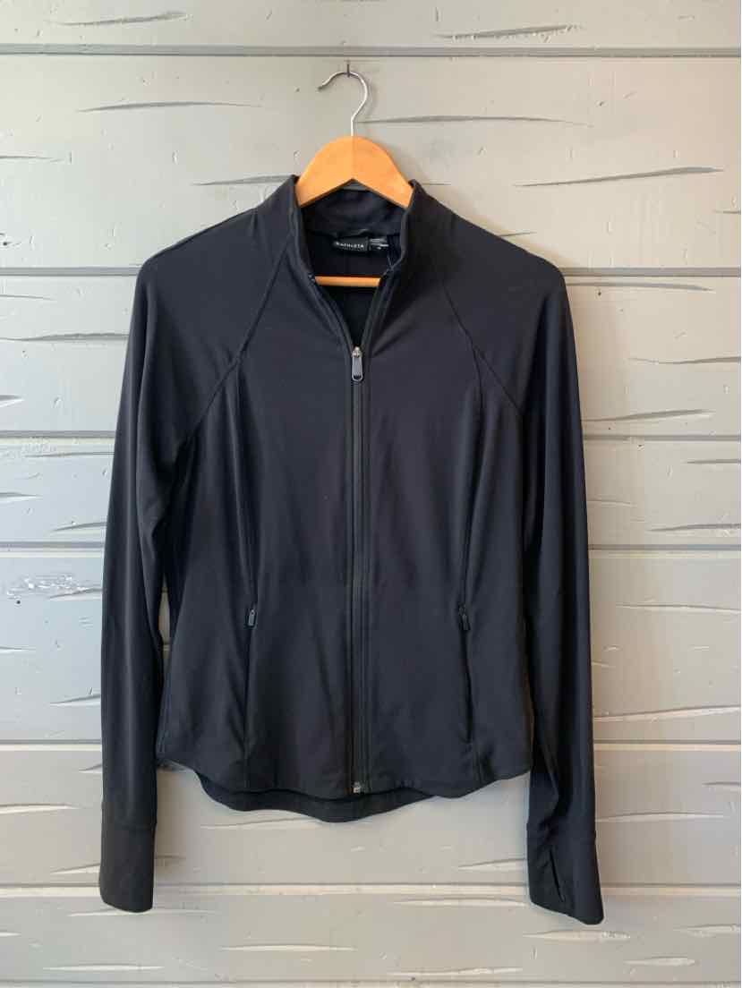 Black lightweight zip-up jacket with stand collar and fitted cut, long sleeves, and smooth fabric.