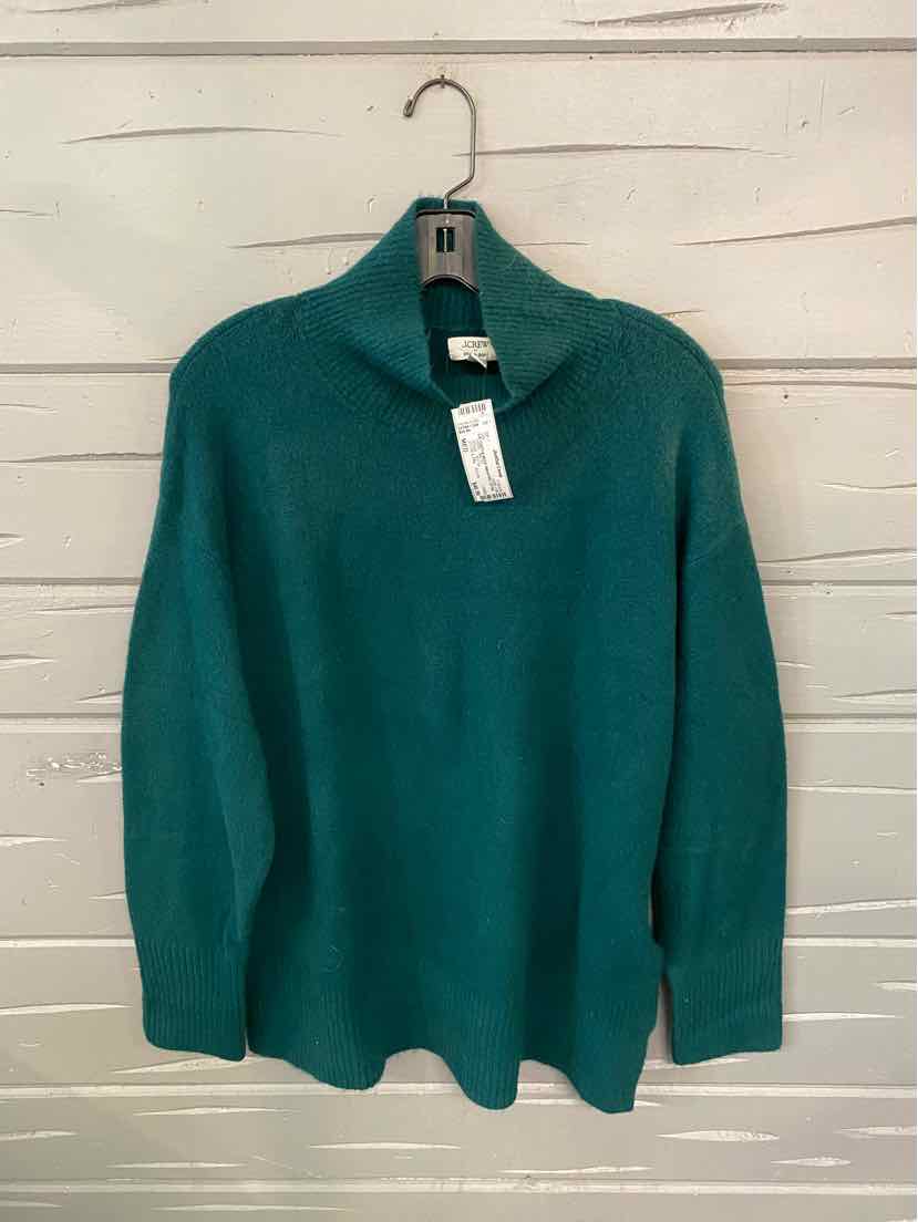 Teal green crew neck sweater with long sleeves, medium size, soft knit fabric.