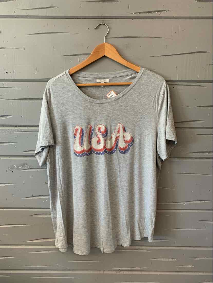 Gray short-sleeve relaxed fit t-shirt with "USA" in white and red retro-style font on front.