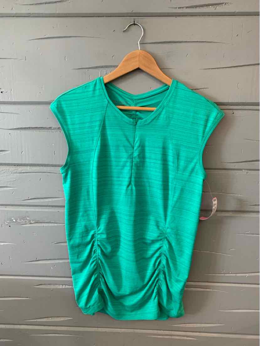 Green short-sleeve athletic top with gathered ruching and crew neckline on wooden hanger.